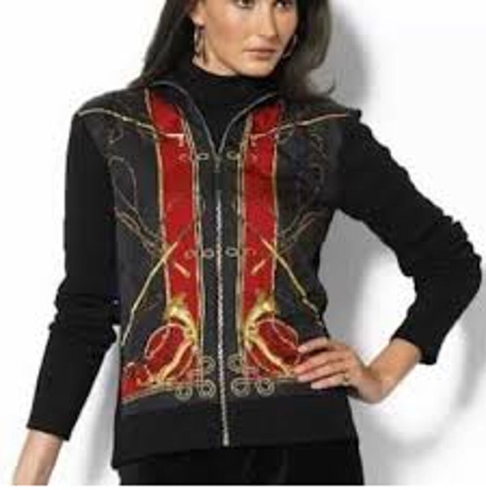 LAUREN Ralph Lauren Equestrian-Print Wool/Silk Full-Zip Sweater Black Red Size S